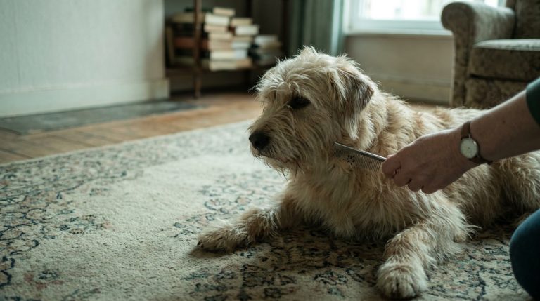 hond op een tapijt wordt doorkamd met een vlooienkam